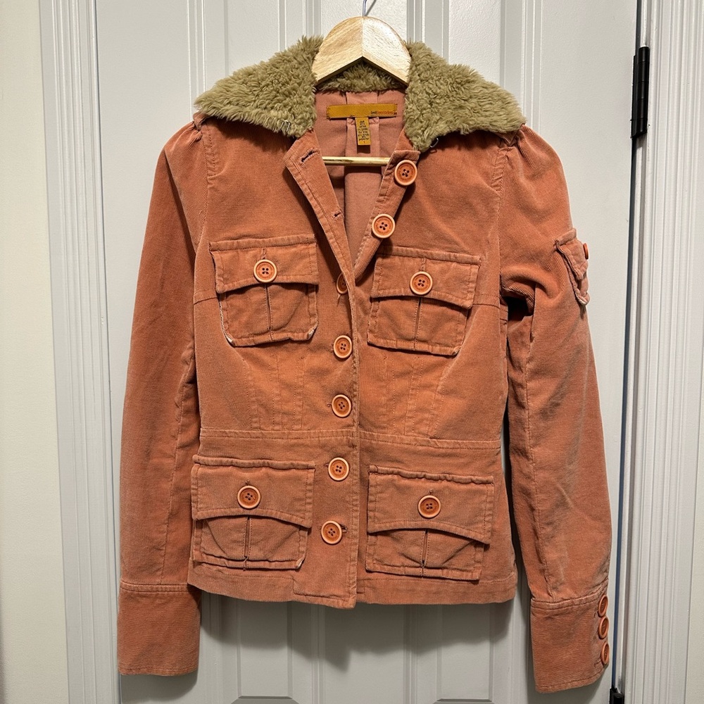 Twill Twenty Two Fur Trim Button Corduroy Jacket, pink, size small